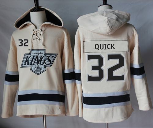 Kings #32 Jonathan Quick Cream Sawyer Hooded Sweatshirt Stitched NHL Jersey